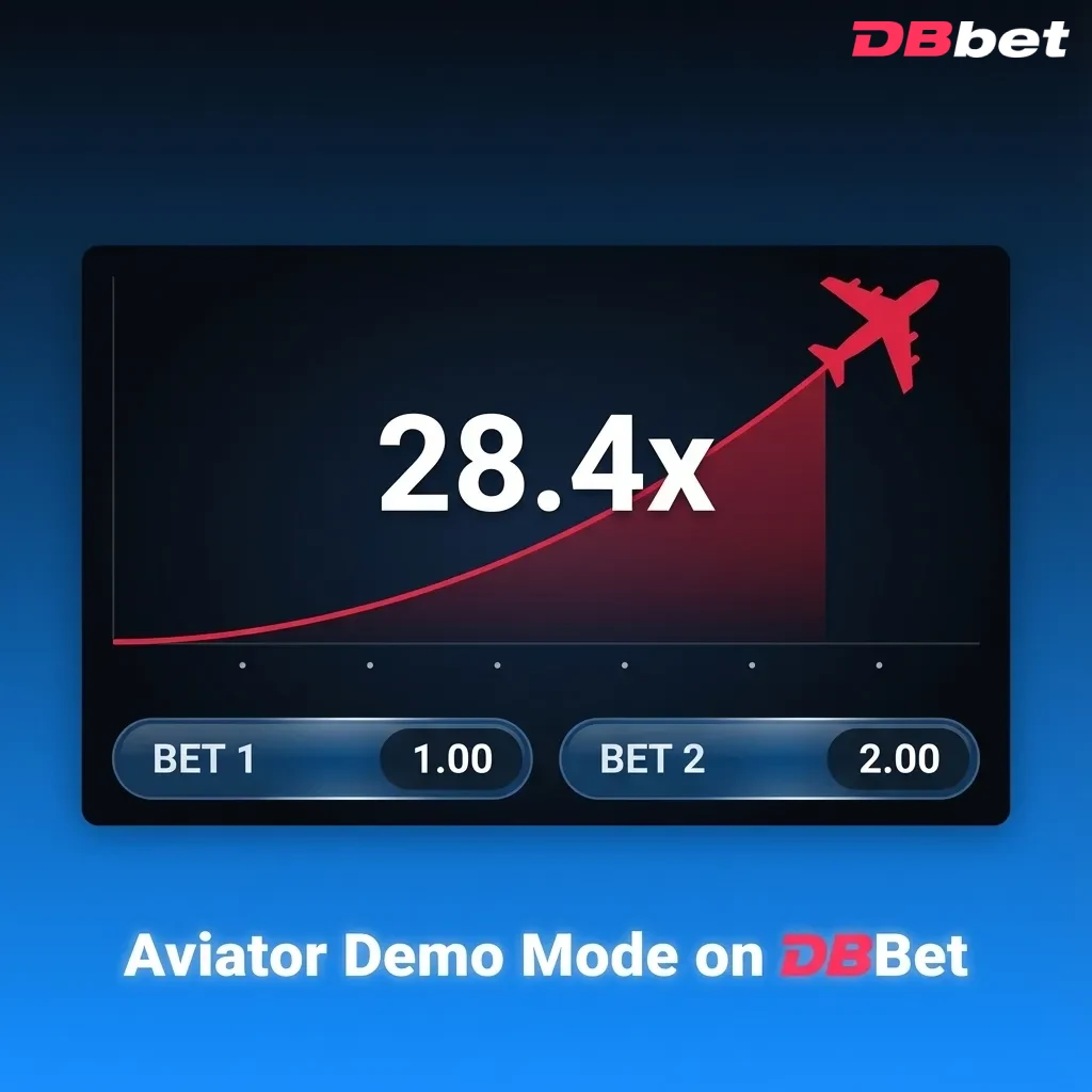 Screenshot of Aviator crash game in DBBet demo mode with a rising plane, multipliers, and virtual balance on screen