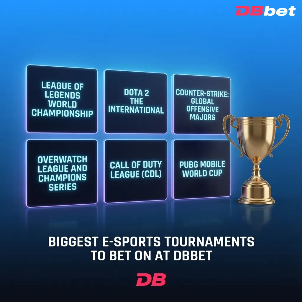 DBBet esports betting banner showing icons of major tournaments for Dota 2, CS2, LoL, Valorant and more
