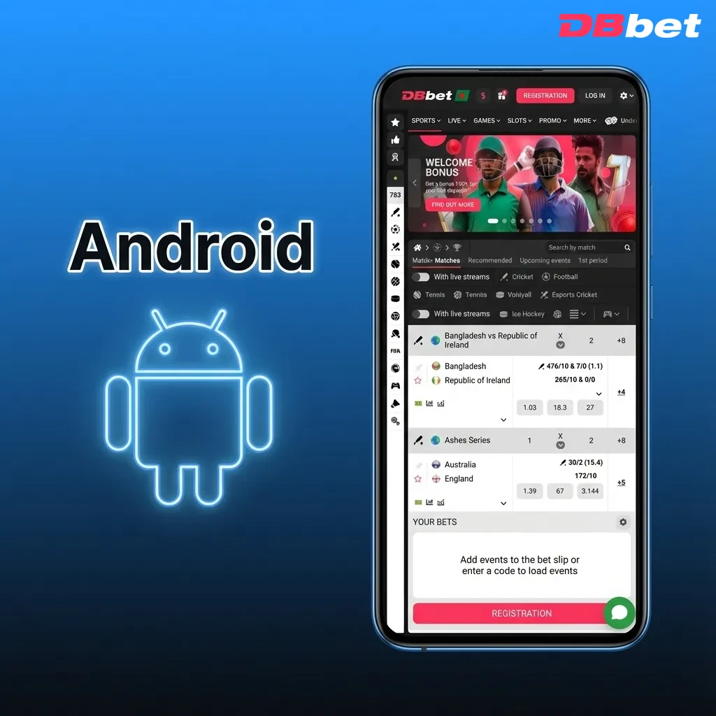 Smartphone displaying DBBet Android app interface with betting and casino options for users in Bangladesh