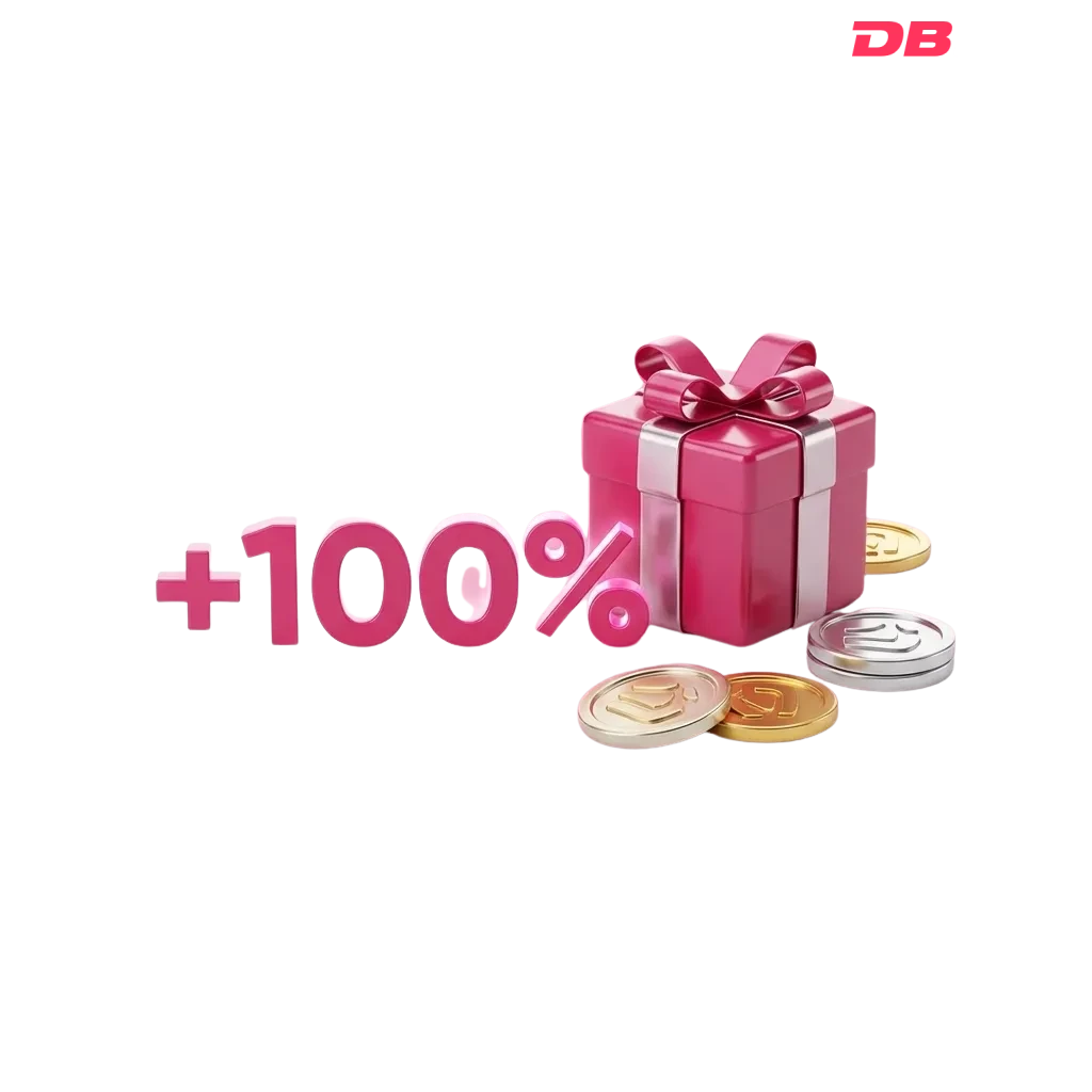 Luminous +100% with ribboned gift cube and glossy coins on transparent background