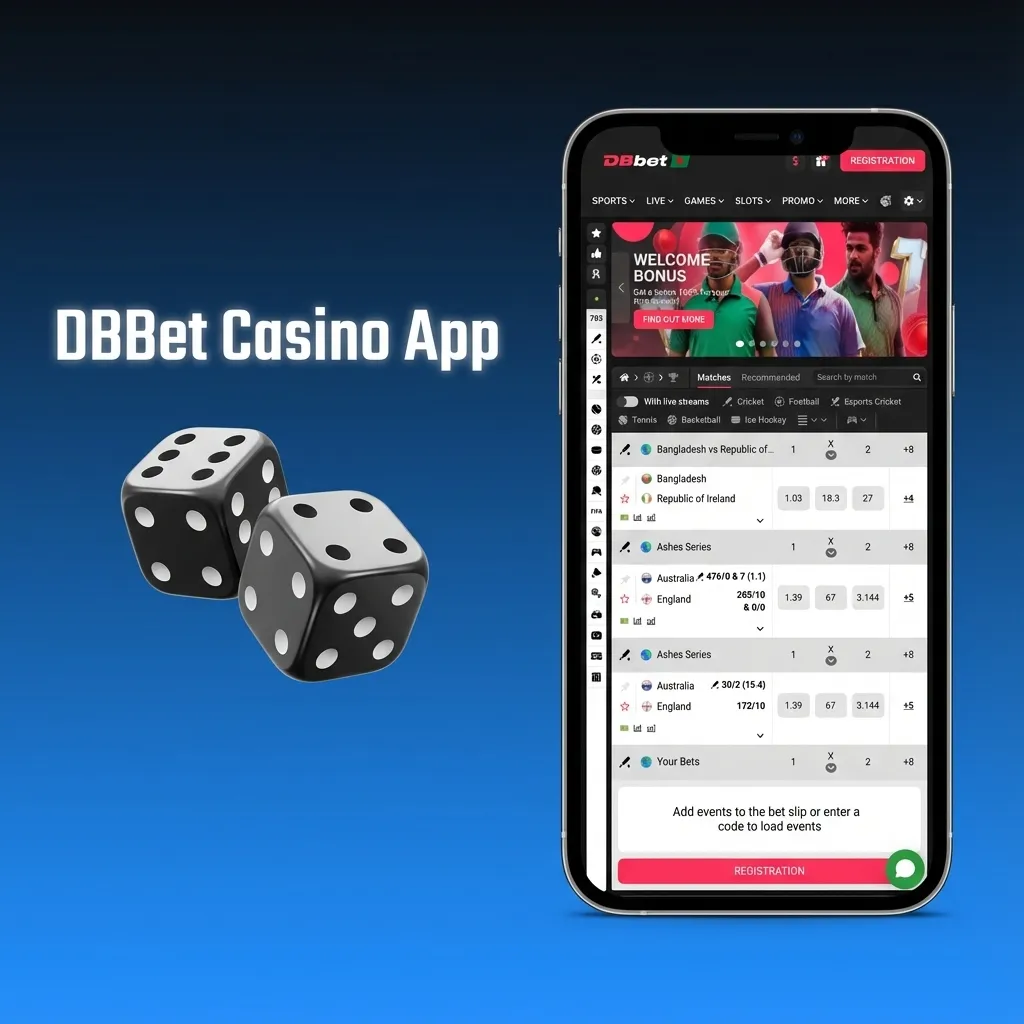 Mobile screen showing DBBet casino app with slots, live dealer tables, and titles like Book of Dead visible.