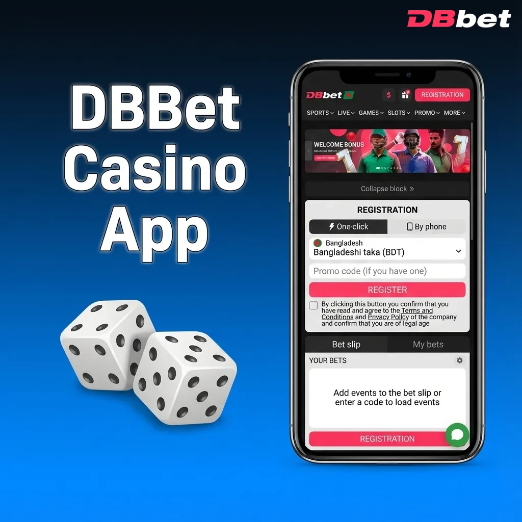 Smartphone screen showing DBBet casino app with slots, live dealer tables, and sports-to-casino switch button