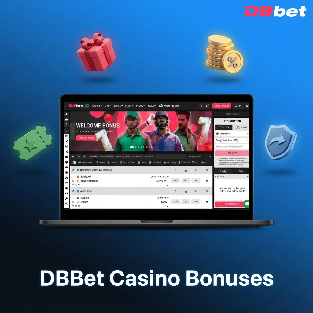 DBBet Casino bonuses overview with welcome package, reload, free spins, cashback, and live casino offers highlighted