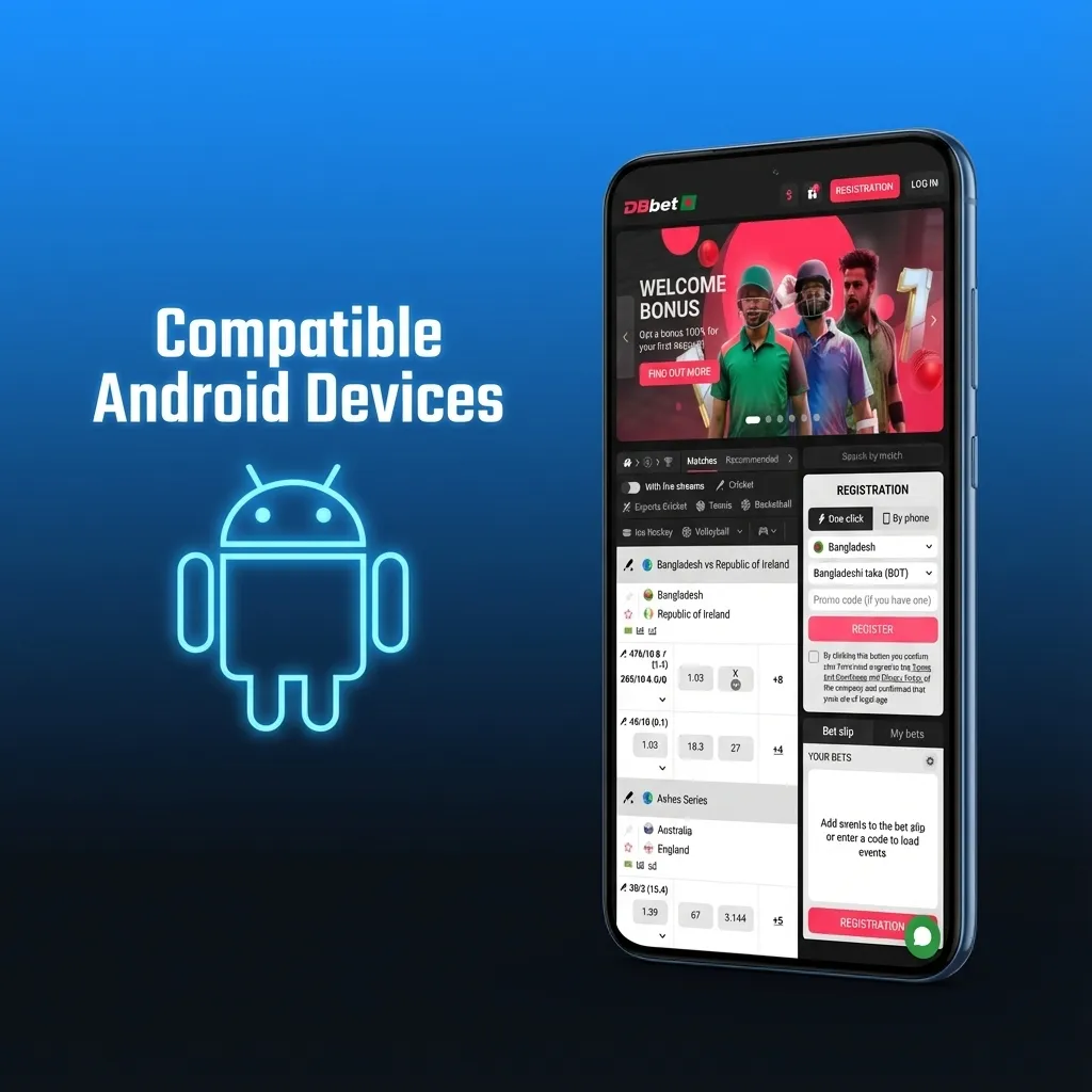 Graphic showing DBBet app compatible with popular Android phones in Bangladesh, listing Samsung, Xiaomi, Realme, Oppo and more