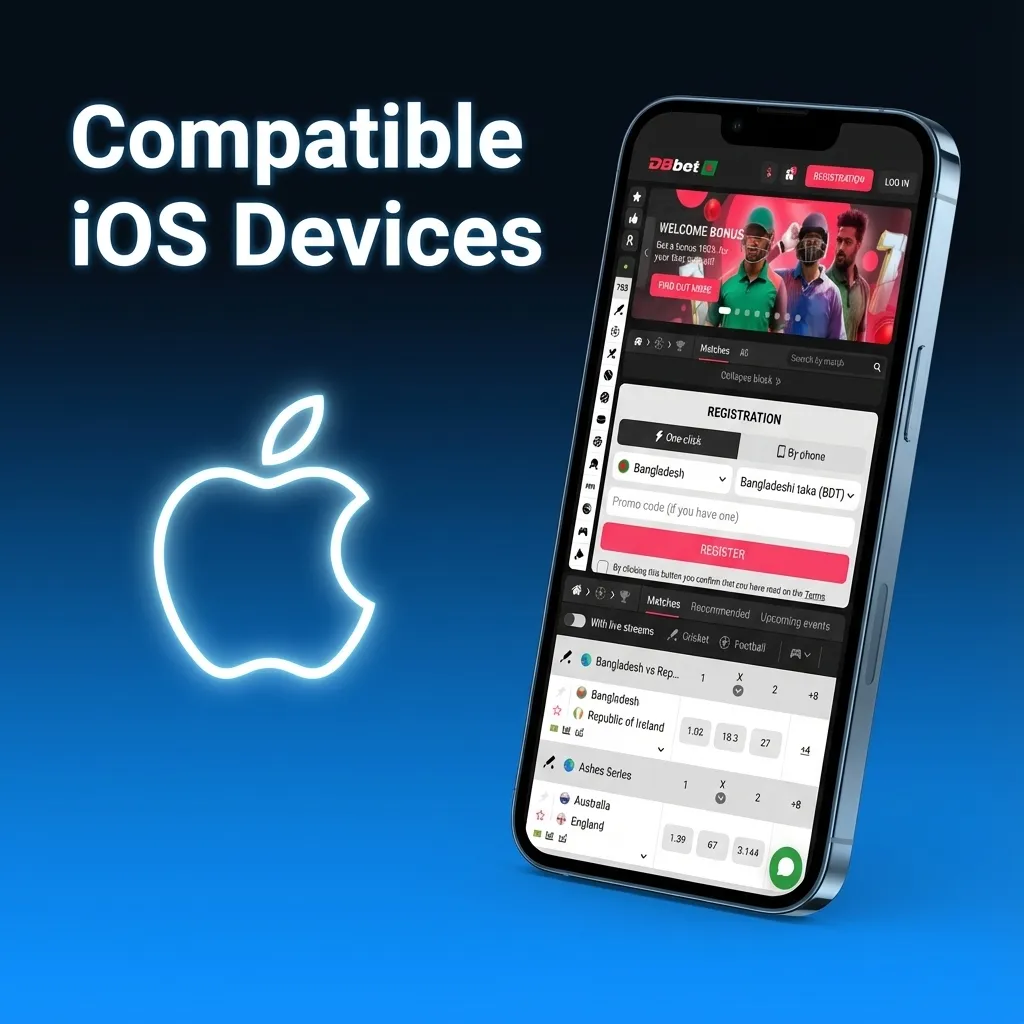 Graphic listing DBBet-compatible iPhone X–15 series models and recent iPads running iOS 12 or later.