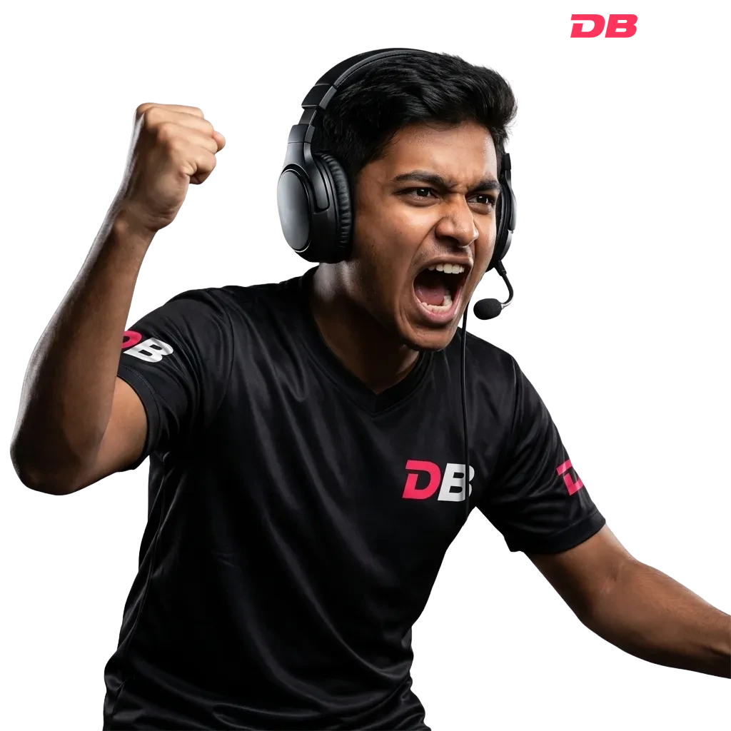 Young male esports player from [GEO] celebrating with fist raised, wearing headset and team jersey, waist-up shot