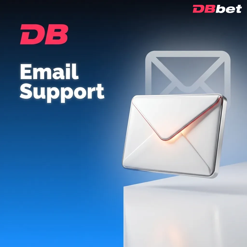 Illustration of a person writing a support email on a laptop, with DBBet support addresses and reply time notes on screen.