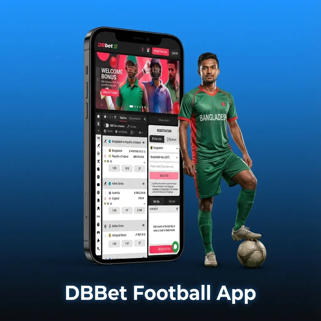 Smartphone showing DBBet football betting app with live odds, bet slip, and menu options for leagues and account tools