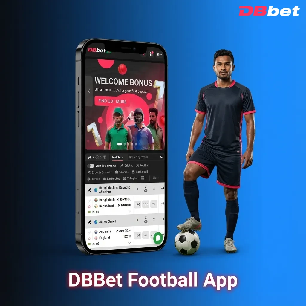 Smartphone showing DBBet football betting app with live odds, bet slip, and account tools on the screen