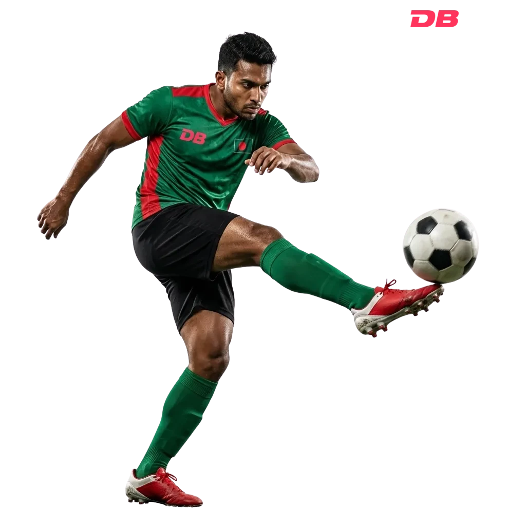 Footballer from Bangladesh kicking a ball mid-motion in full kit