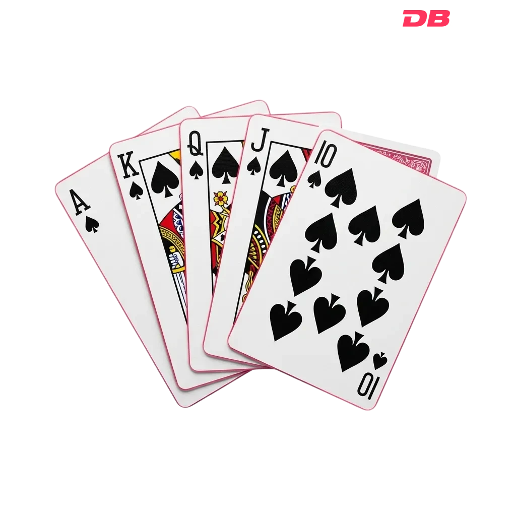 Photorealistic fan of poker cards showing a royal flush in spades on a transparent background