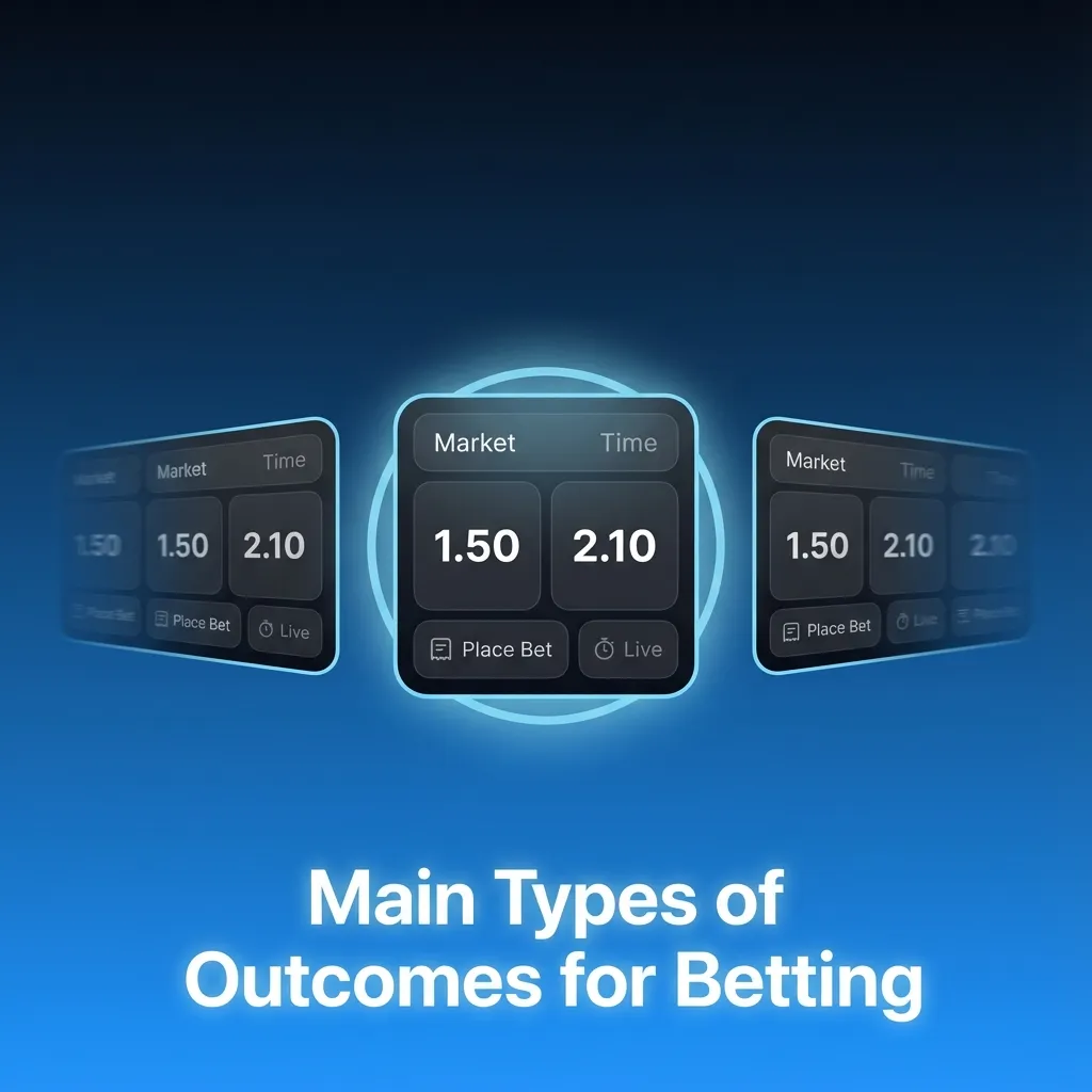 Infographic listing main sports betting outcomes: 1X2, Over/Under, Handicap, Both Teams to Score, and Correct Score.