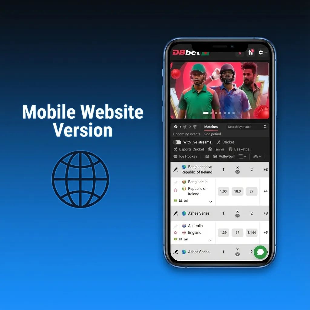 Smartphone showing DBBet mobile website with sports betting and casino games, highlighting browser-based play without app installation