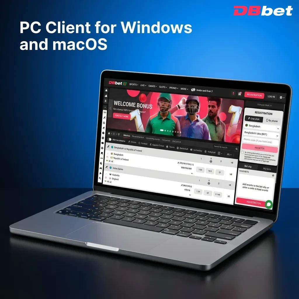 Illustration showing DBBet accessed via web browsers on Windows and macOS desktops, no separate PC client needed