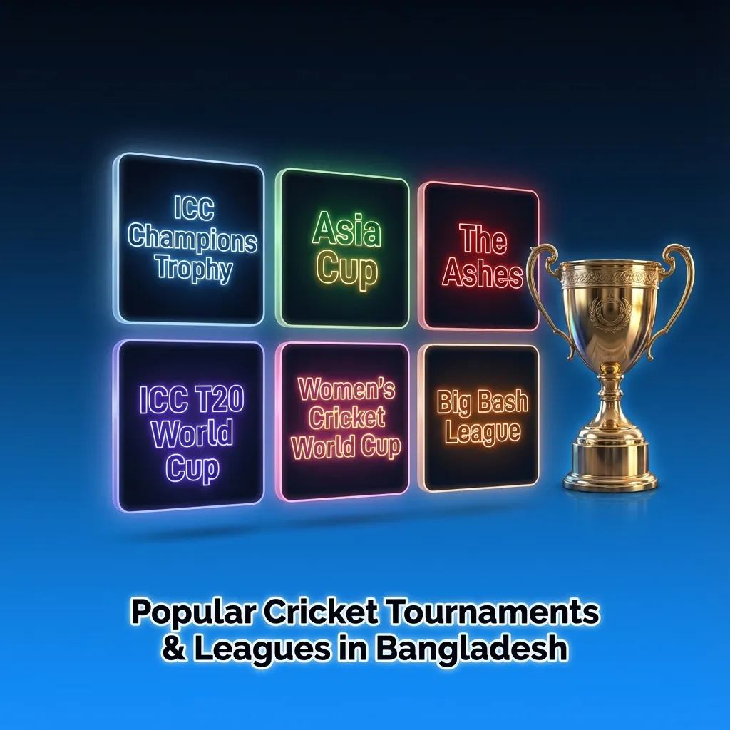 Graphic listing major cricket tournaments and leagues for Bangladeshi bettors, with icons and short betting descriptions.