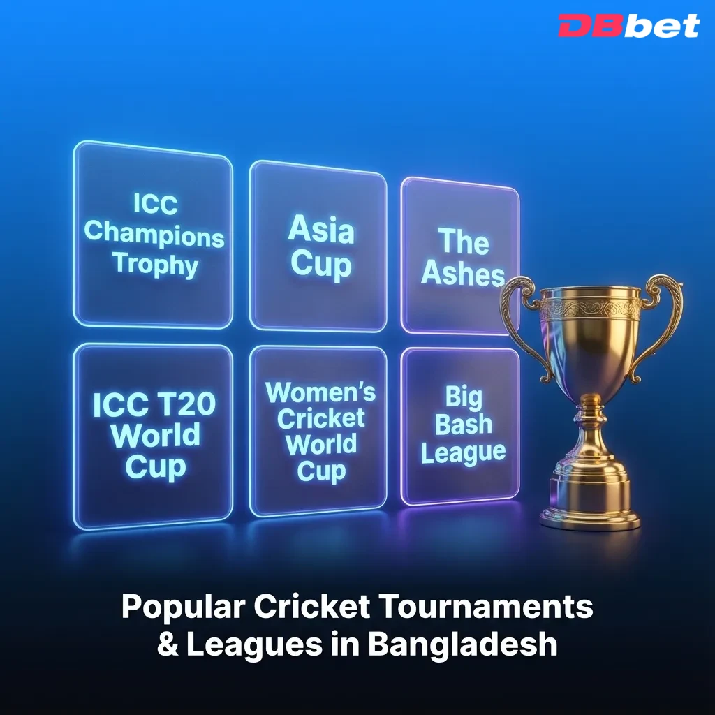 Graphic showing Bangladesh’s top cricket tournaments and leagues with logos and icons for World Cups, BPL, IPL, and The Ashes