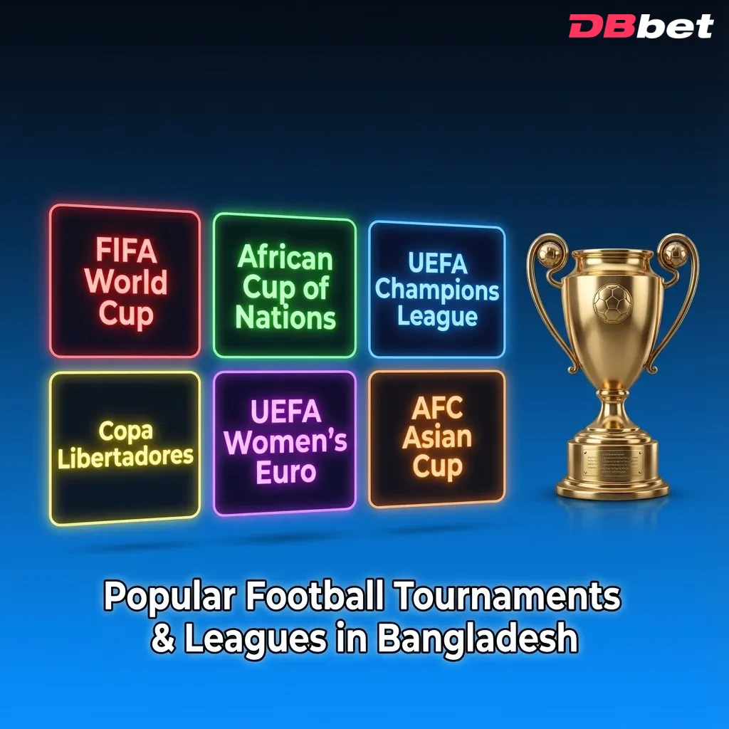Graphic listing popular global and regional football leagues and tournaments followed by fans and bettors in Bangladesh