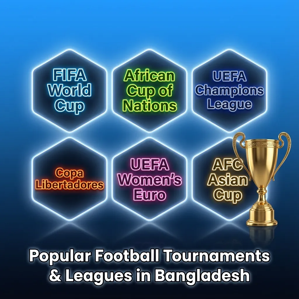 Digital graphic showing global and Asian football tournaments and leagues popular with Bangladeshi fans and bettors.