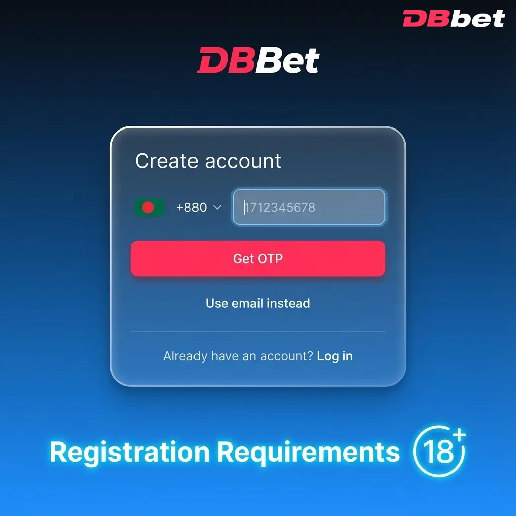 Infographic listing DBBet registration requirements for Bangladeshi users, including age, ID, one account, and local compliance.