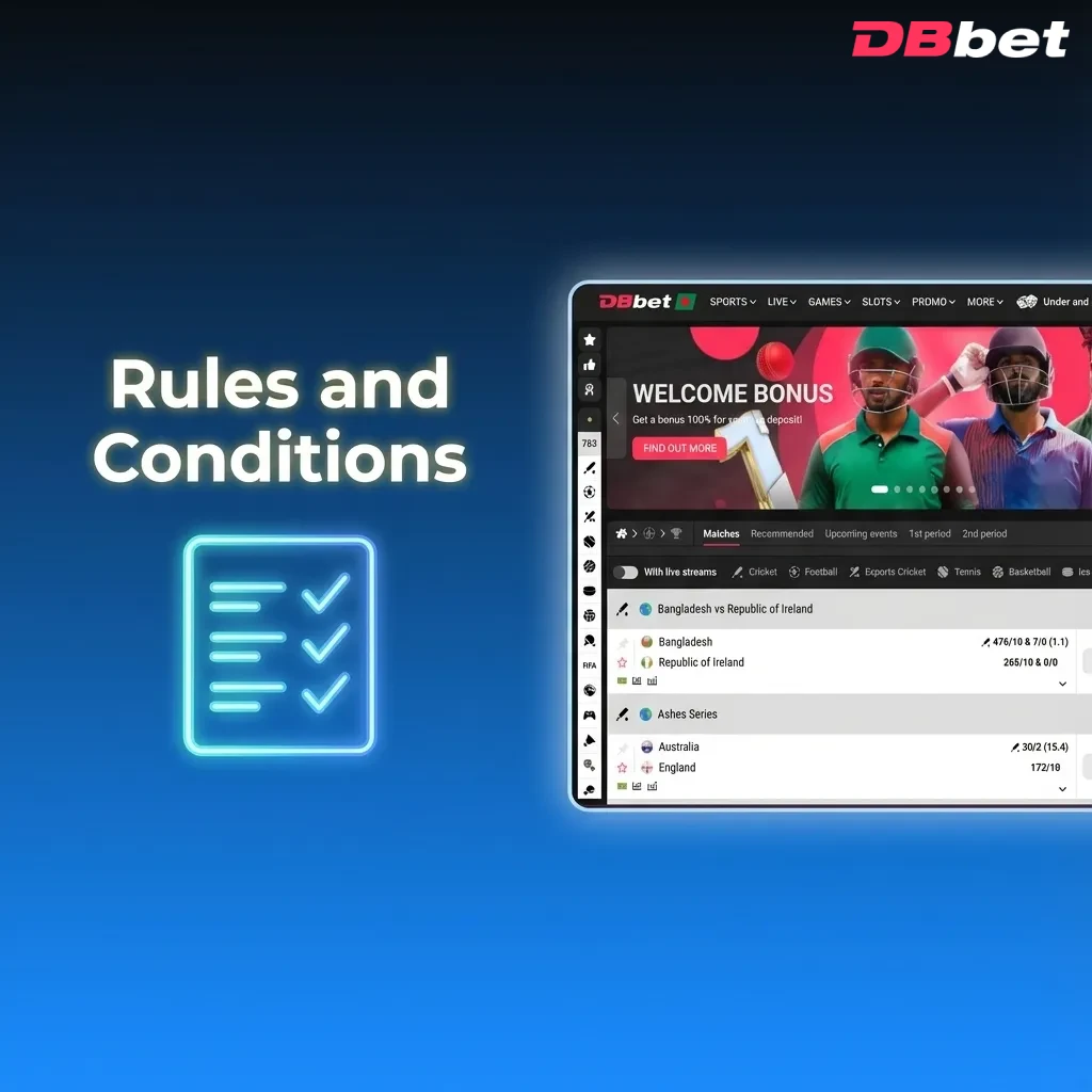 Infographic titled “Rules and Conditions” listing DBBet age, account, bonus, and anti-fraud requirements for Bangladesh users.