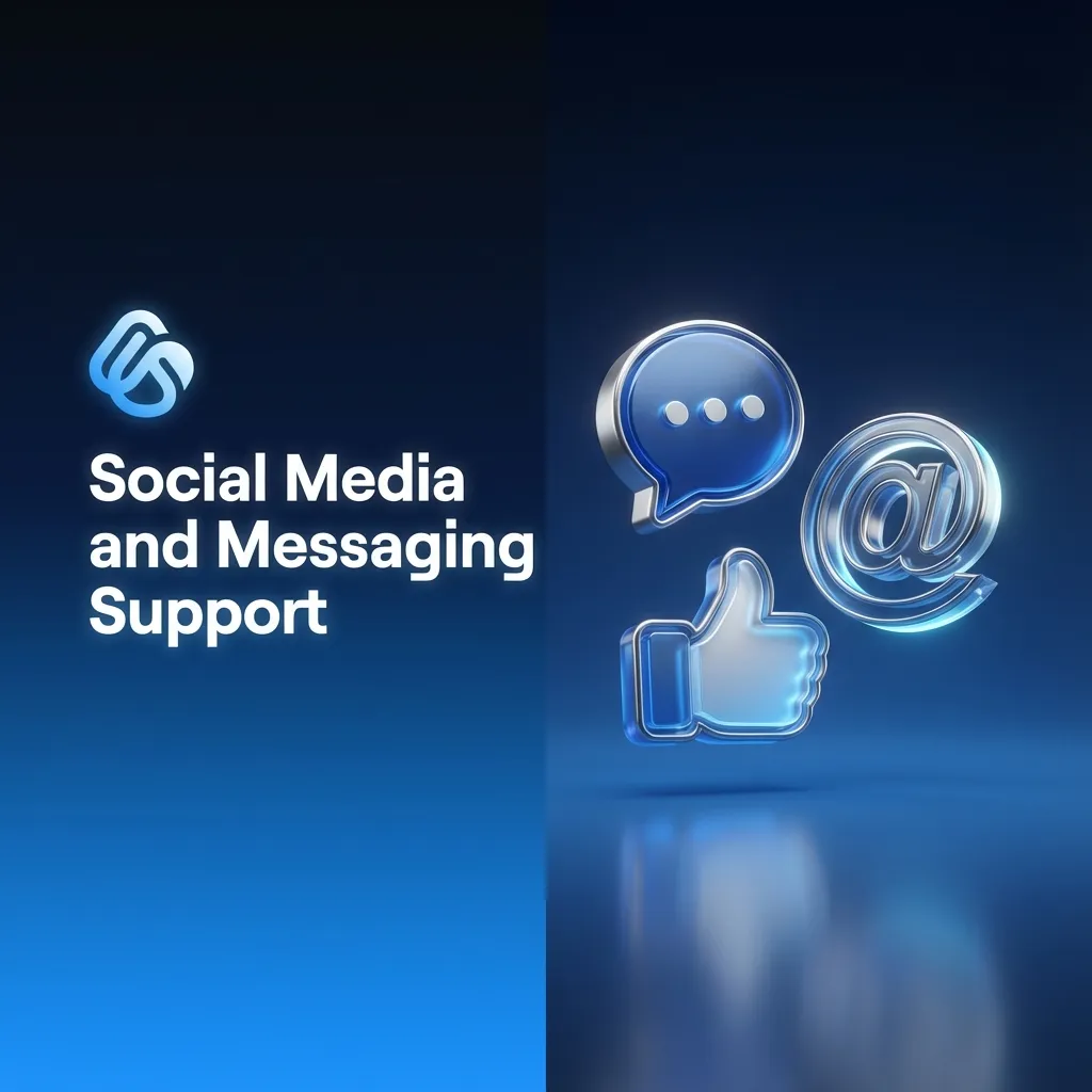 Icons of chat bubbles, social media logos, and a support agent representing online messaging help