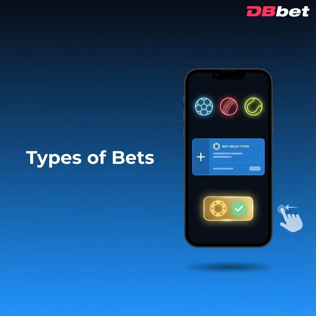 Infographic explaining DBBet bet types: Single, Express, and System, comparing risk and potential payout.