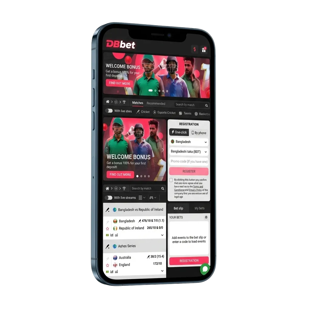 DBBet mobile app promo showing Android and iOS devices, Bangladeshi users, bonuses, and payment method logos