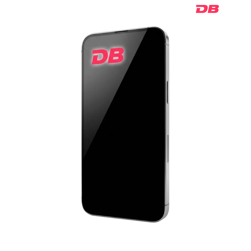 Modern 6.1–6.7 inch smartphone in portrait orientation with real DBbet app screen displayed
