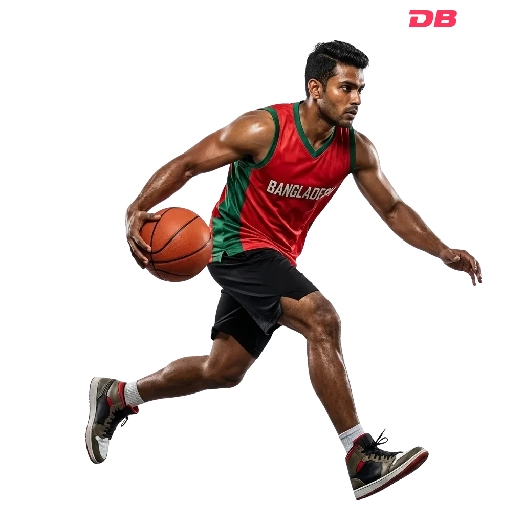 Basketball player from [GEO] driving forward with the ball in dynamic motion