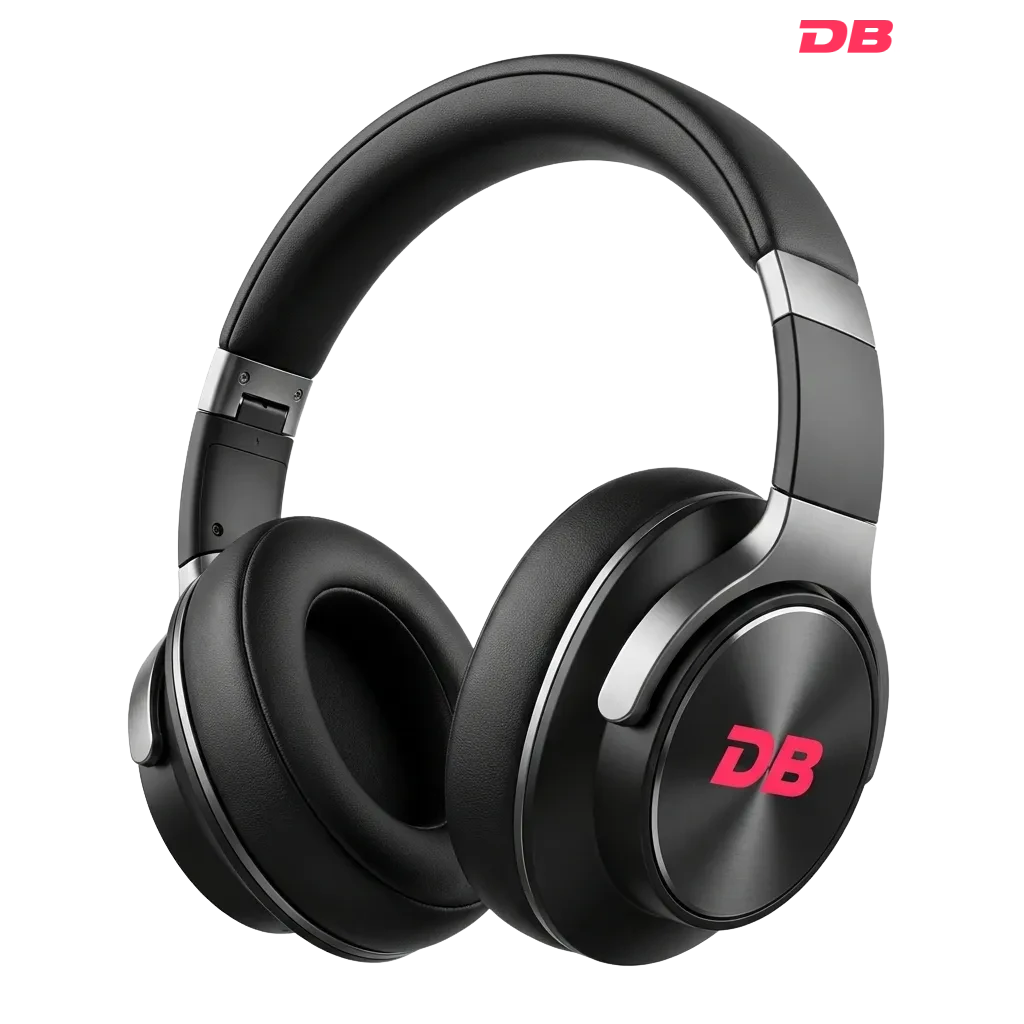 Photorealistic modern over-ear headset, matte black with metallic accents, centered on neutral background