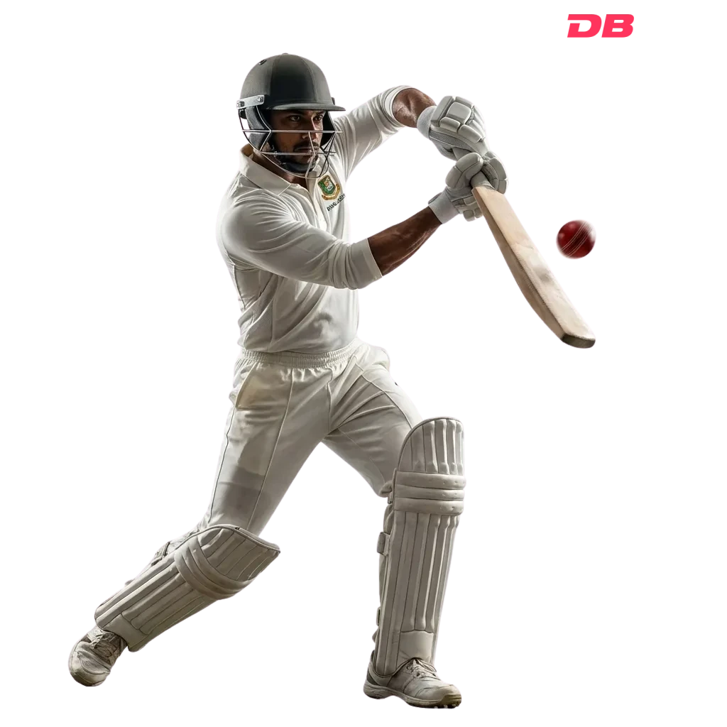 Cricket batsman from Bangladesh playing a cover drive in full white gear