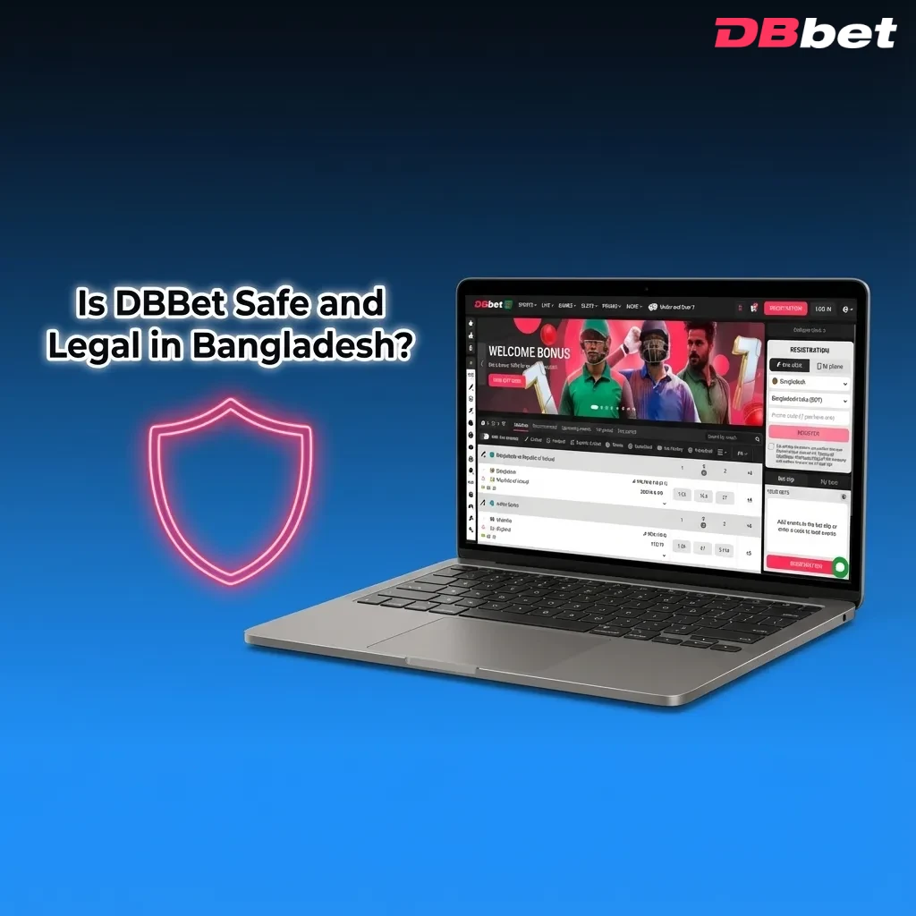 Infographic asking if DBBet is safe and legal in Bangladesh, noting Curacao license, encryption, and strict local gambling laws