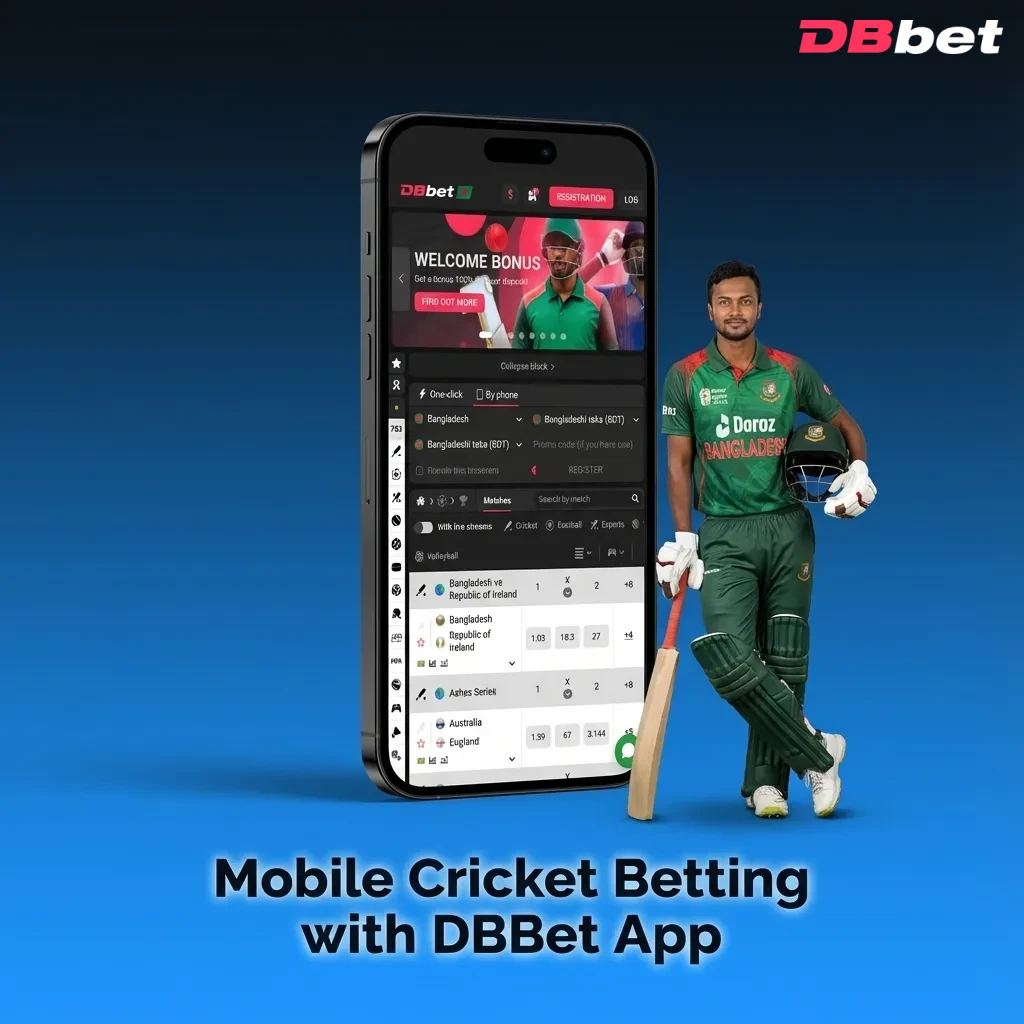 Person holding smartphone with DBBet cricket betting app, showing live odds and match list for users in Bangladesh