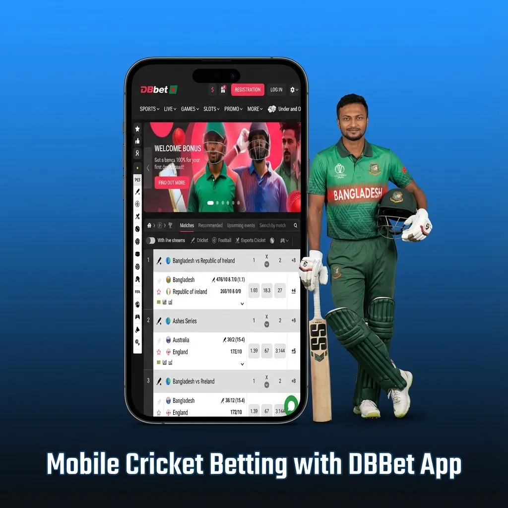Person holding a phone showing the DBBet cricket betting app interface with live match odds and bet slip options