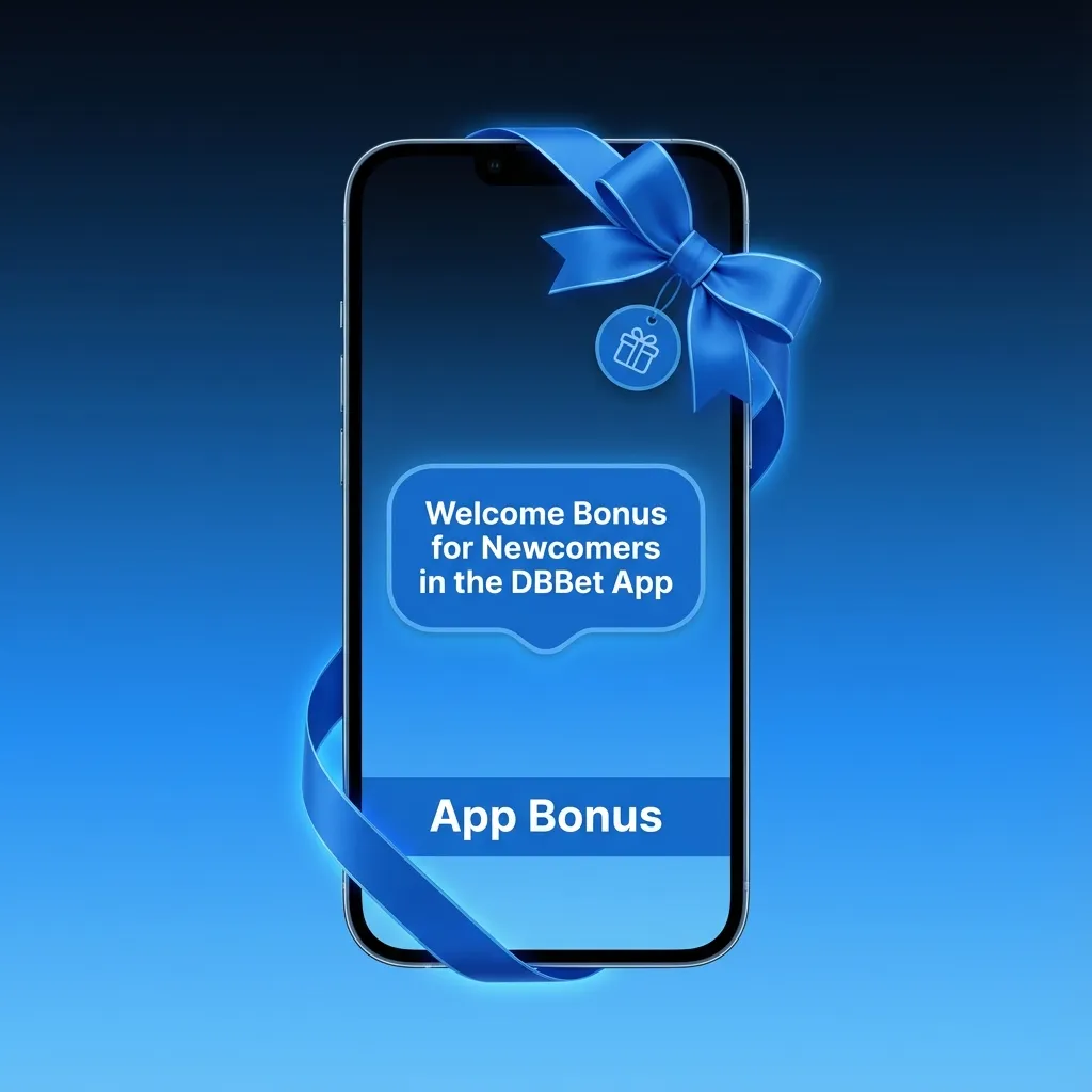 Smartphone screen showing DBBet app welcome bonus choices for sports and casino, with highlighted 100% and 1,500 EUR offers