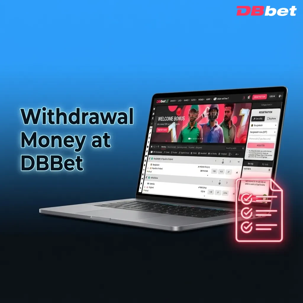 Illustration of a user withdrawing money from DBBet on a laptop, showing secure payment and confirmation steps