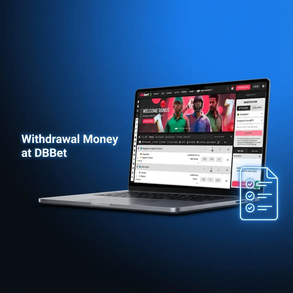 Illustration of a user withdrawing money from DBBet on a laptop, showing secure online betting payment process in Bangladesh