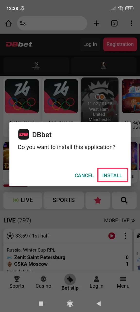 Install the DBbet application on your Android device.