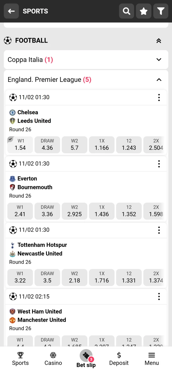 Select a betting market in the DBbet app.