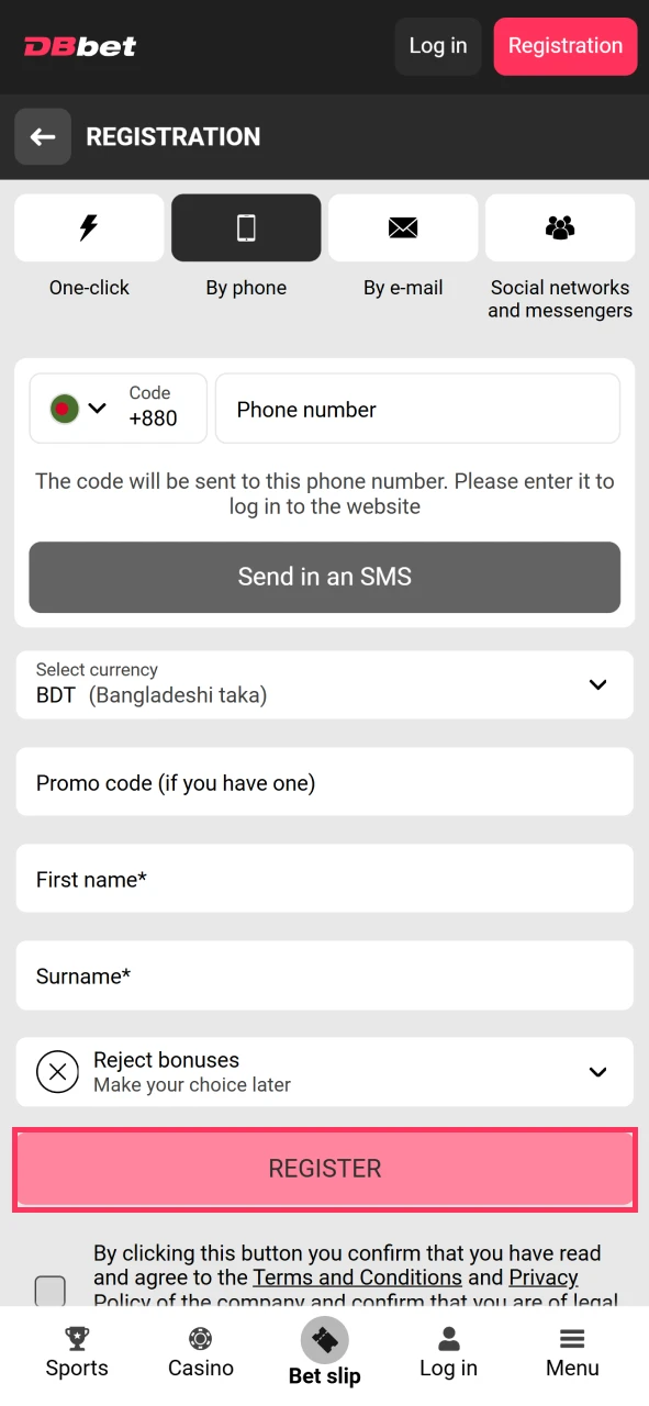 Complete your registration in the DBbet app.