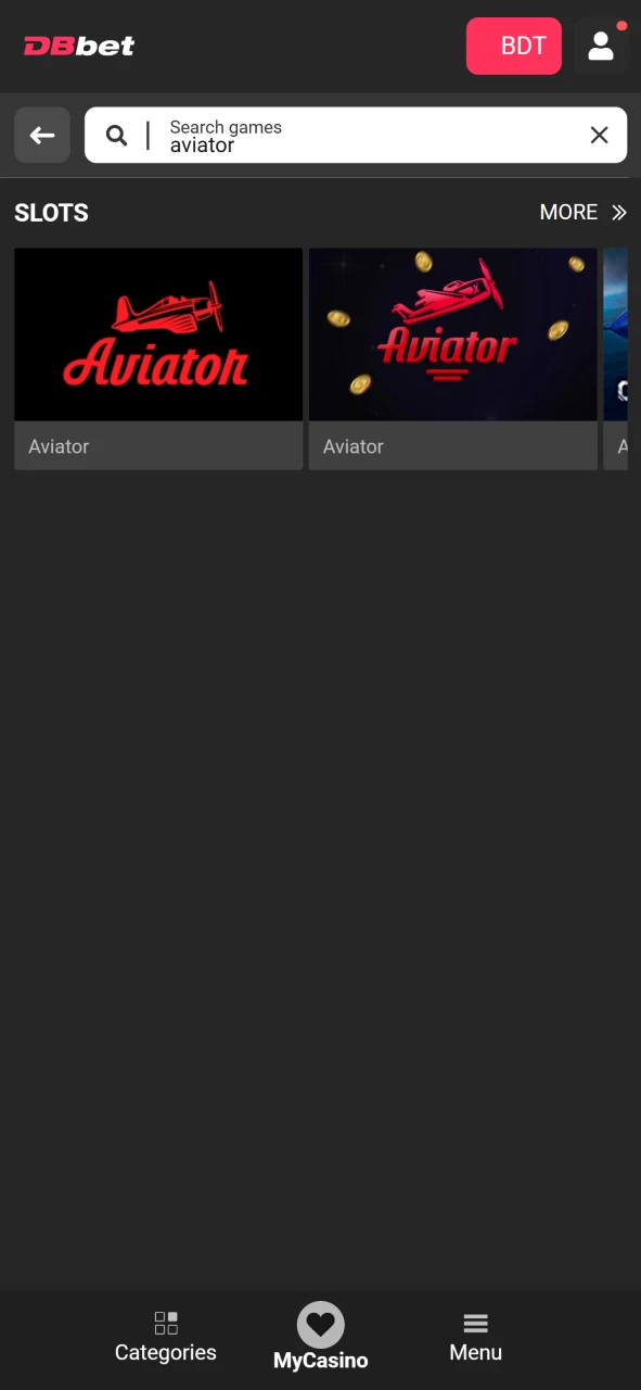 Find the Aviator game in the DBbet games section.