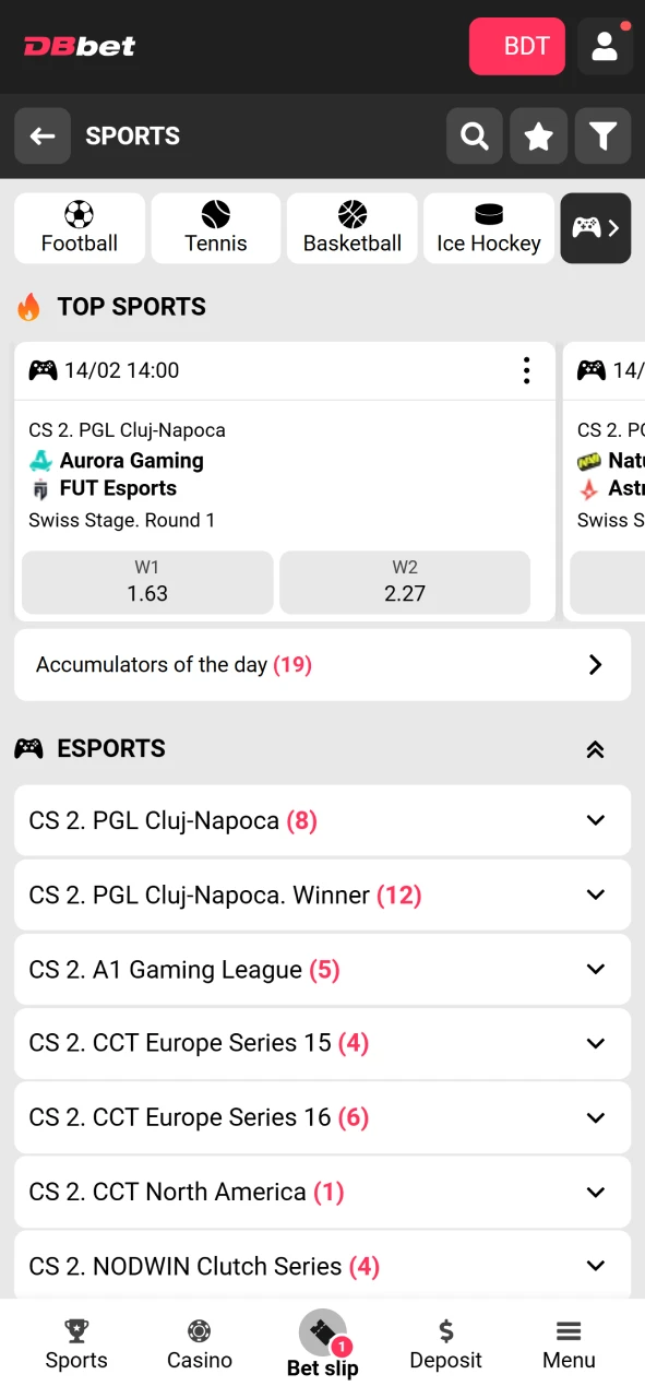 Open the eSports section for betting on DBbet.