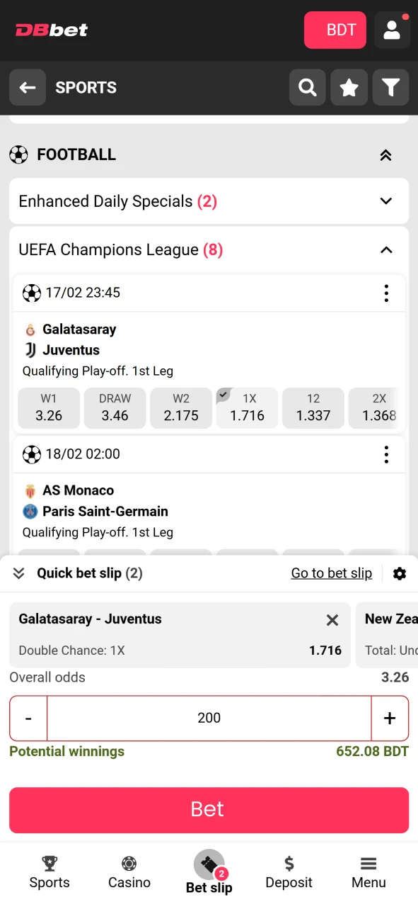 Now place a bet on one of the football events at DBbet.