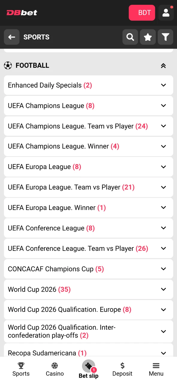 Go to the football section and select a bet to place a bet on DBbet.