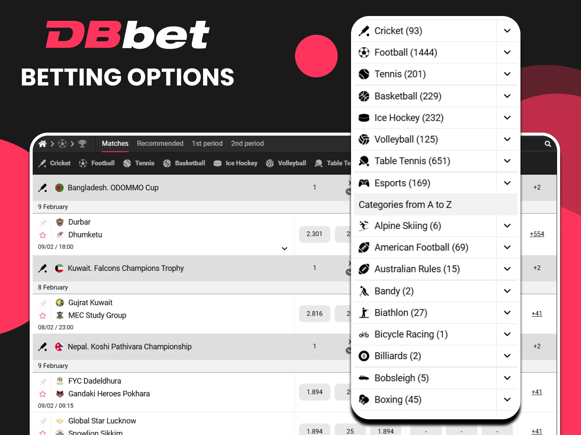 Various betting options are available on the DBbet website.