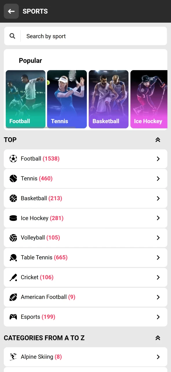 Choose an event from any sport to bet on DBbet.