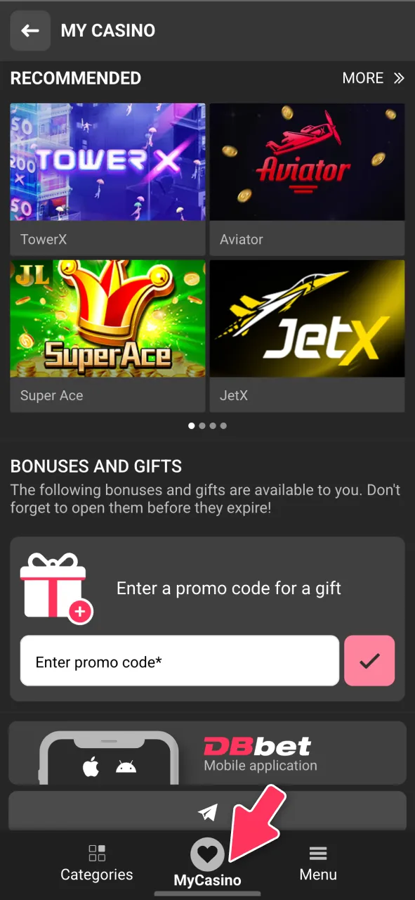 Open the casino section and select a game at DBBet.