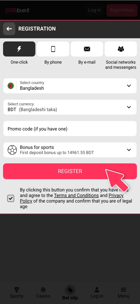 Click the sign up button and create your personal DBBet account.