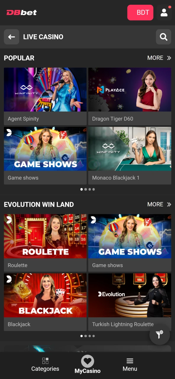 Choose one of the games in the live casino section at DBbet.