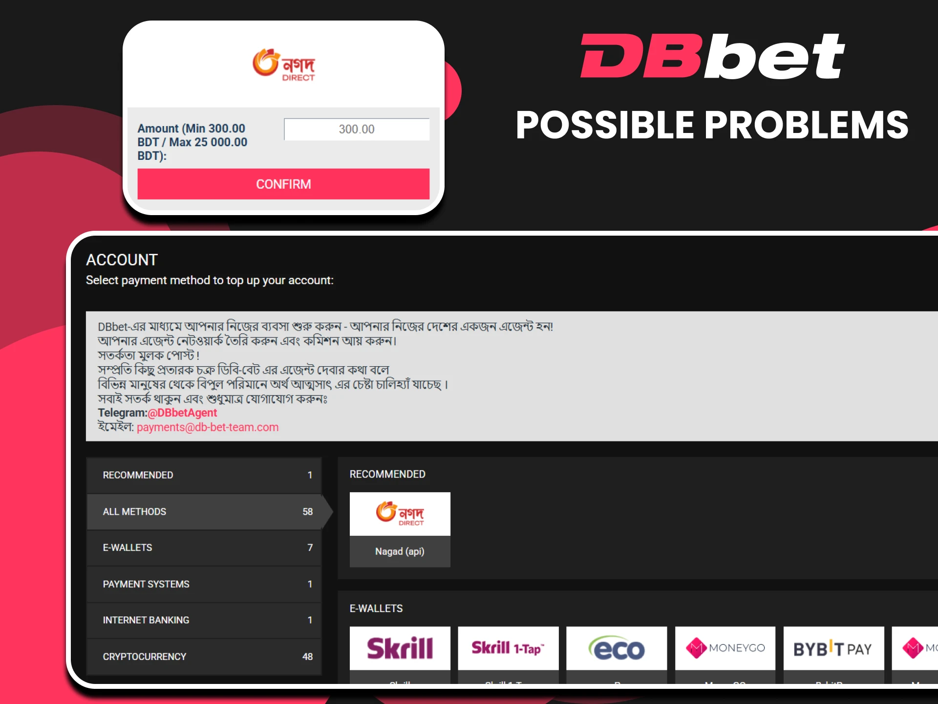 We will help you resolve issues with payments on DBbet.